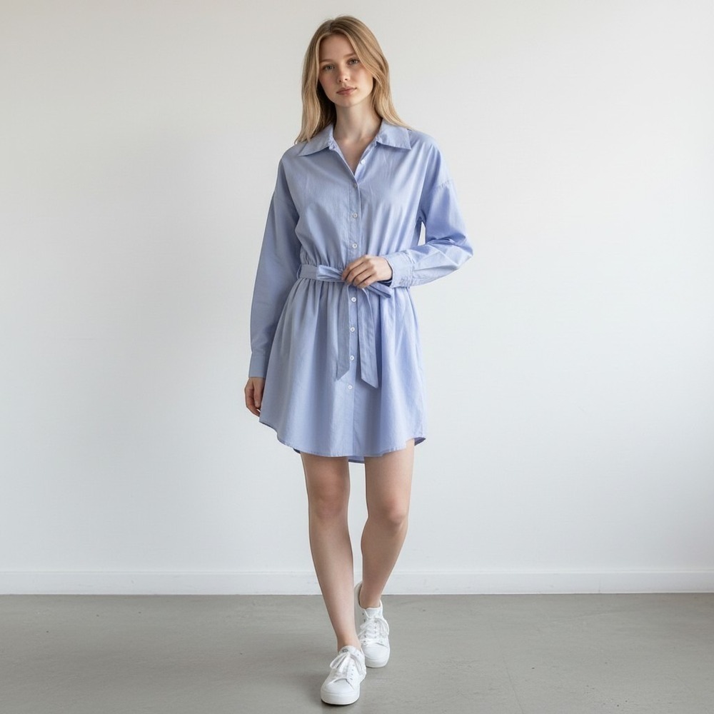 BaeVely Light Blue Belted Button Down Shirt Dress SzS Coastal Preppy Lt Academia